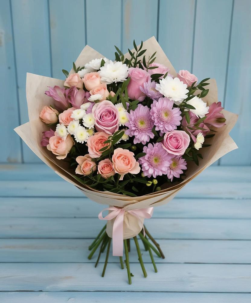 Букет цветов из: Хризантемы, Розы и Альстромерии в Прогрессе