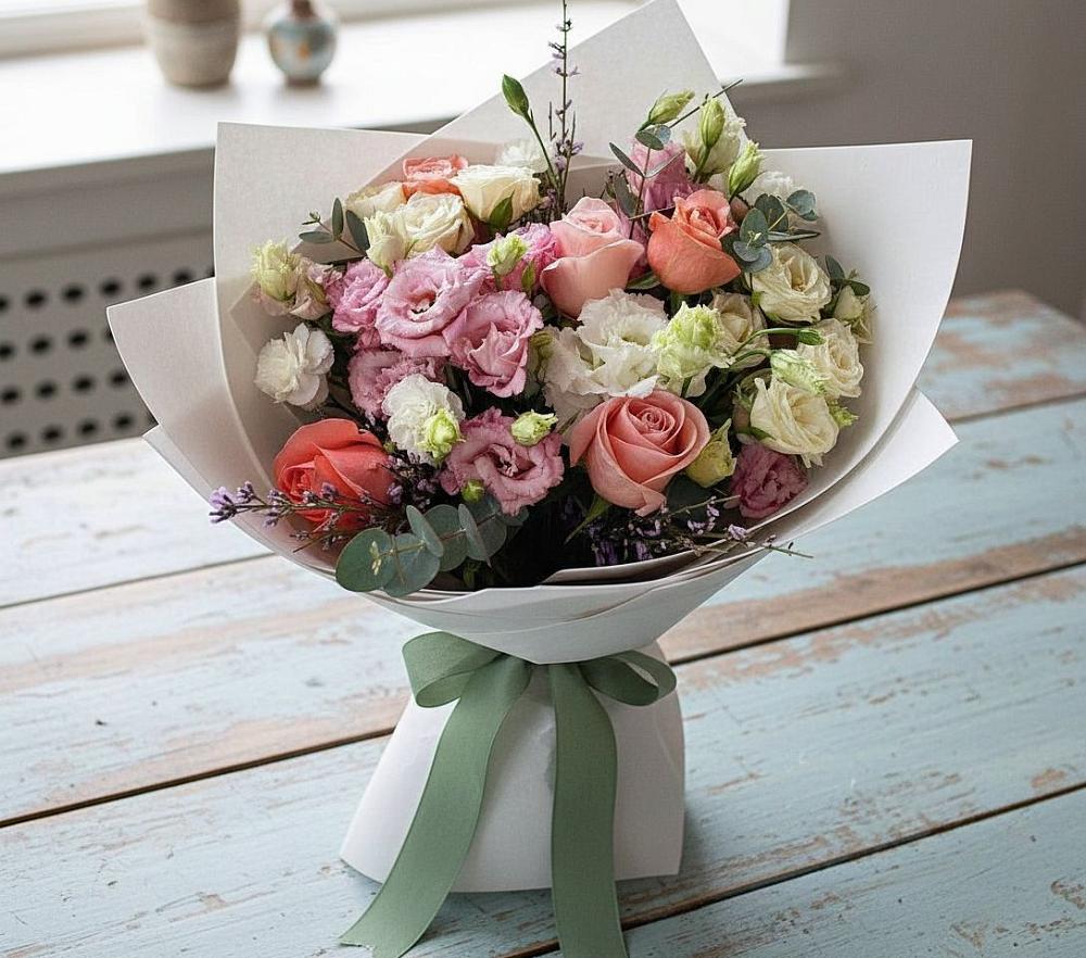 Букет цветов из: Розы, Лизиантусы и Гвоздики в Прогрессе