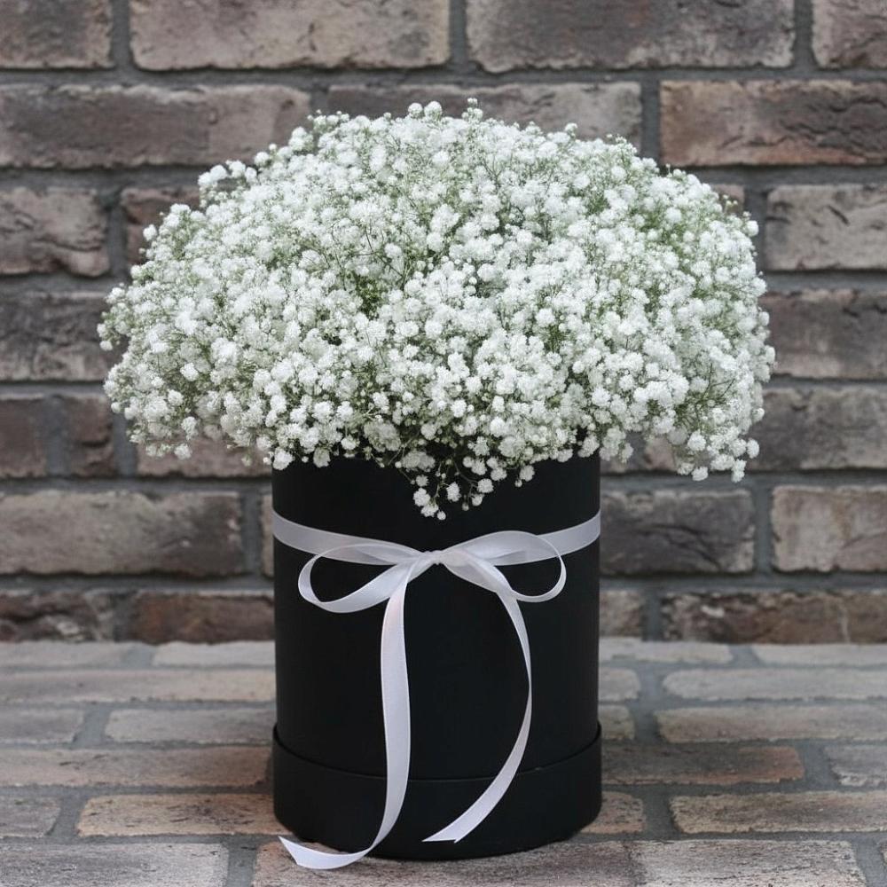 Цветочная композиция из Гипсофила в шляпной коробке в Прогрессе