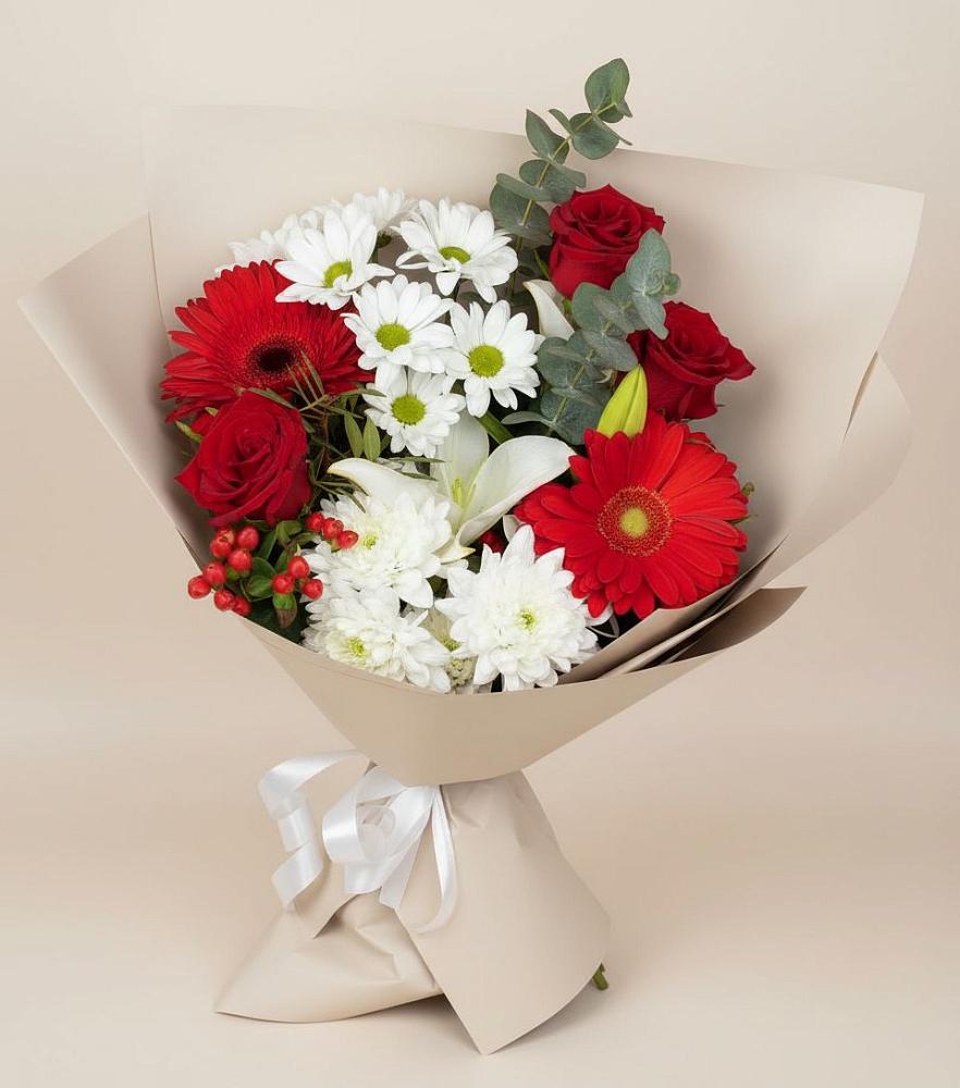 Букет цветов из: Розы, Хризантемы, Герберы и Лилии в Прогрессе