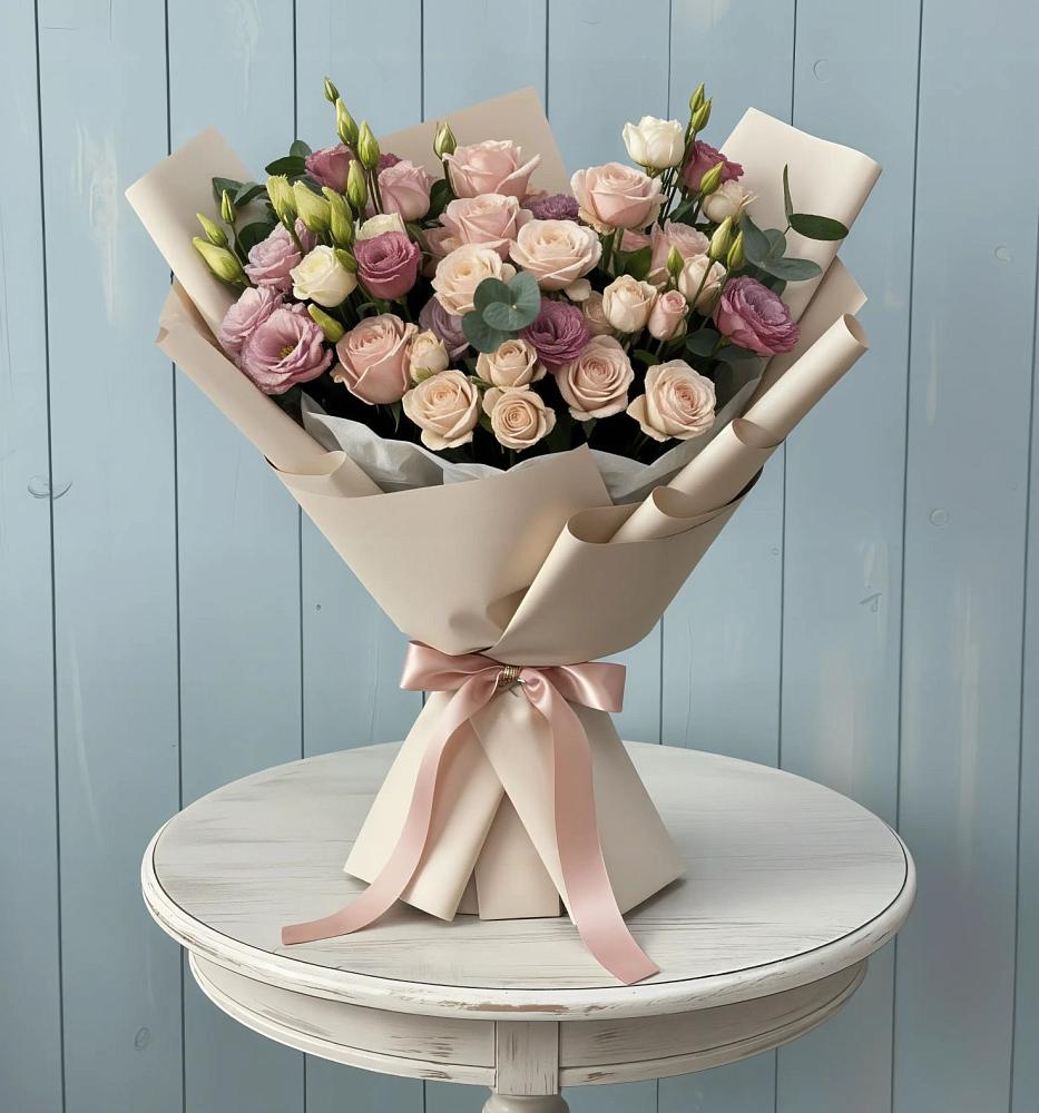 Букет цветов из: Розы и Лизиантусы в Прогрессе