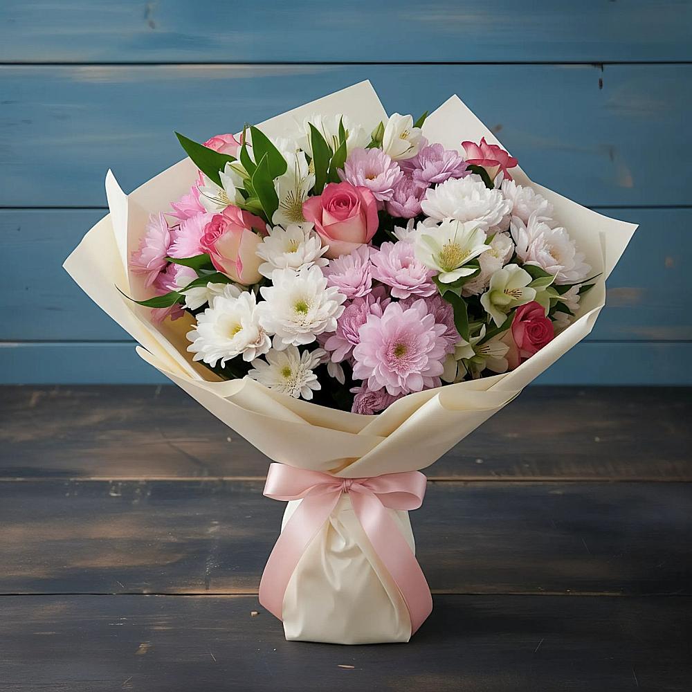 Букет цветов из: Хризантемы, Альстромерии и Розы в Прогрессе